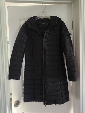 Ralph Lauren Black Long Quilted Puffer Coat with Hood
